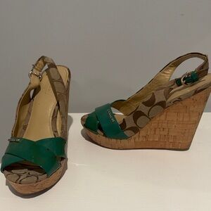 Coach Green and Brown Wedge Sandals