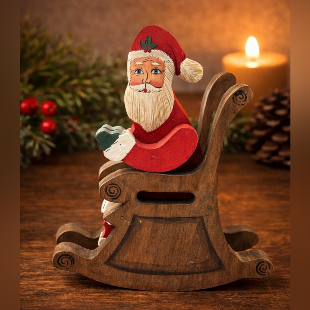 Hand-Carved & Painted Wooden Santa in Sleigh Christmas Decoration 6.5”