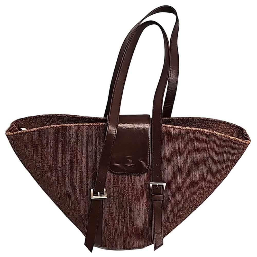 Indonesion Hand Woven Handbag Purse Double Straps Zip & Snap Closure Brown HTF