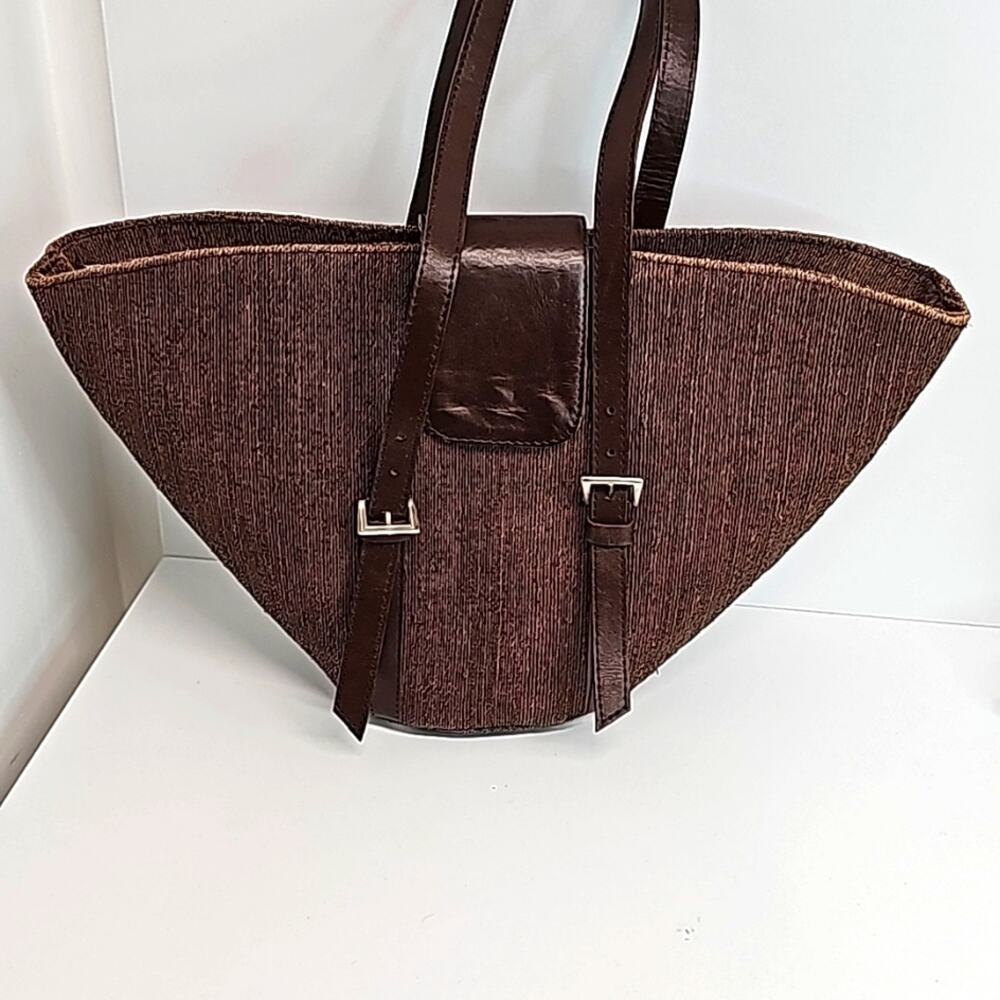 Indonesion Hand Woven Handbag Purse Double Straps Zip & Snap Closure Brown HTF - Picture 3 of 14