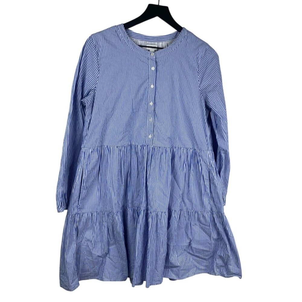 J.Crew Women's Poplin Tiered Striped Preppy Coastal Resort Dress Blue White Sz M