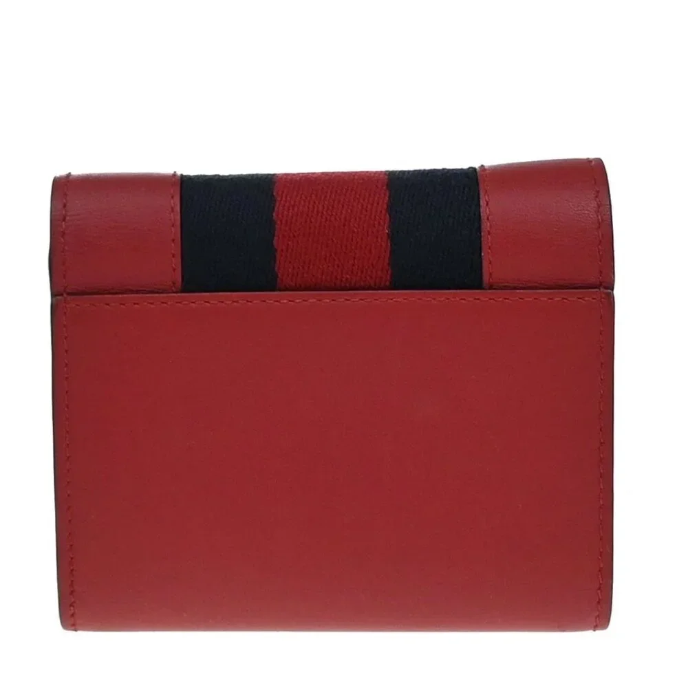 GUCCI Logo Sylvie Compact Trifold Wallet Leather Red 278-082725 - Picture 2 of 13