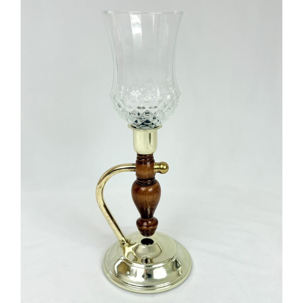 Vtg Home Interiors Gold Brass Tone & Wood Candle Holder w/ Clear Glass Votive