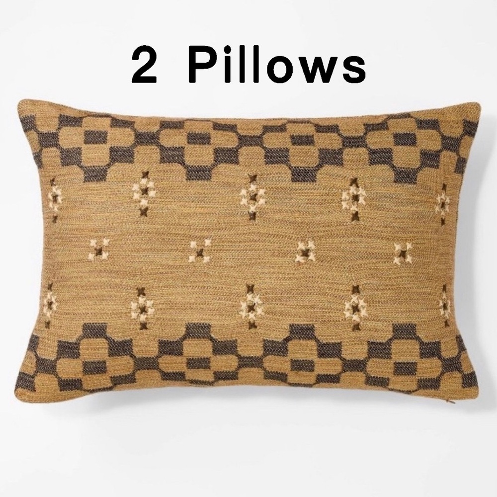 Studio McGee Woven with Cross Stitching Lumbar Throw Pillow Brown