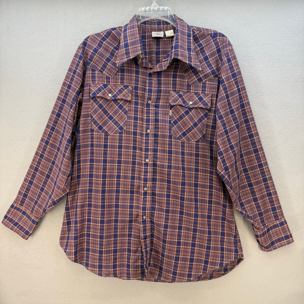 Levi Strauss & Co Shirt Men's XL Red Blue Plaid Western Cut Pearl Snaps Vintage