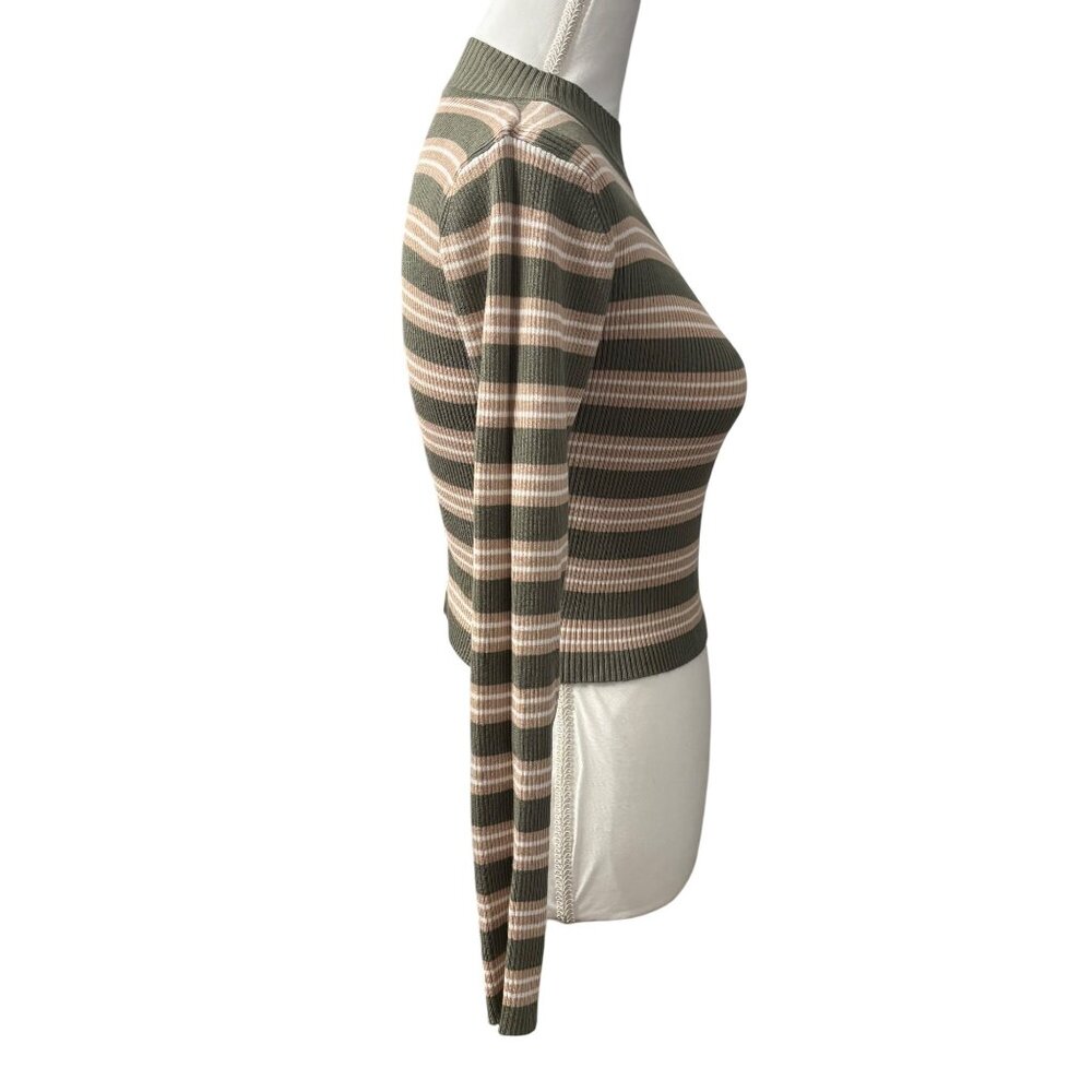 Striped Olive & Beige Ribbed Knit Long Sleeve Cropped Sweater Womans Juniors M - Picture 4 of 11