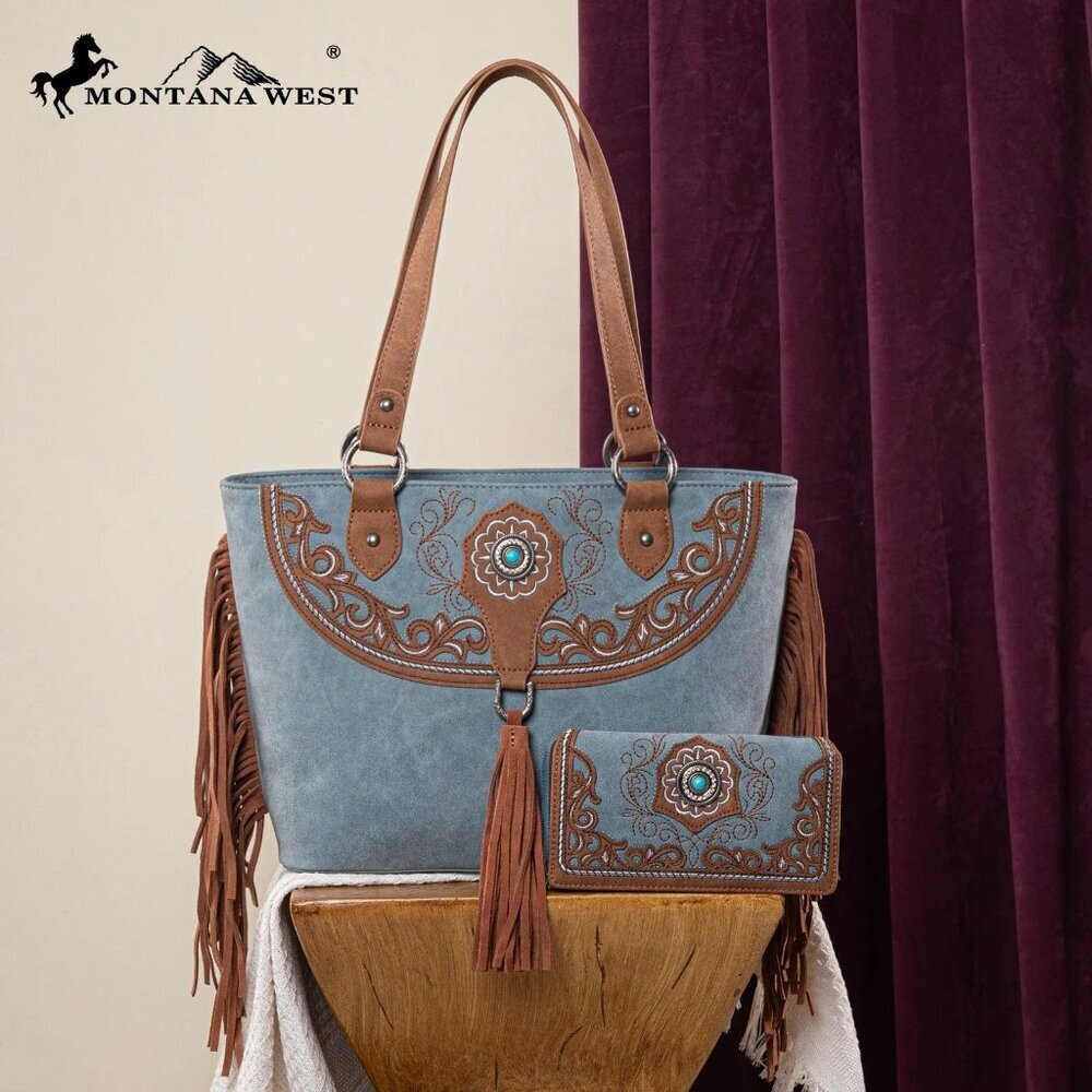 Montana West Embroidered Concealed Carry Tote with Wallet Set