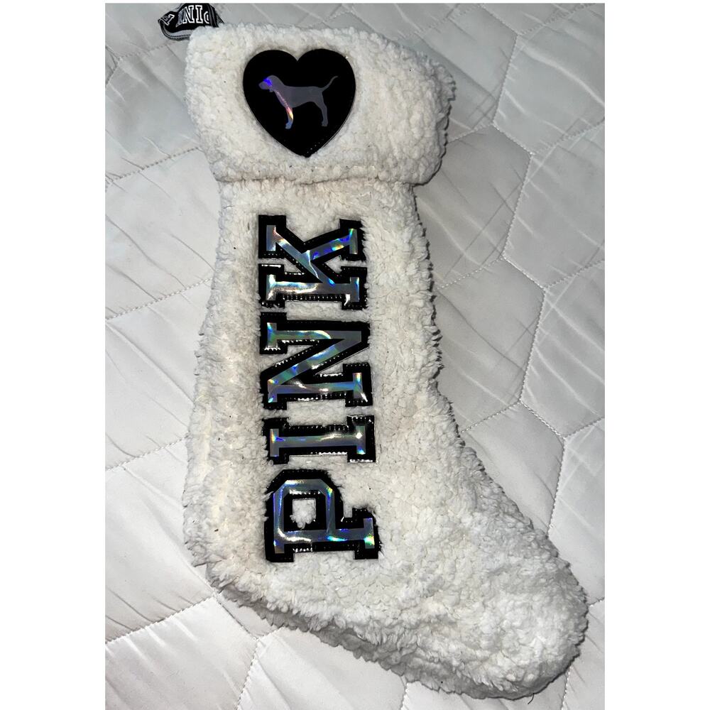 Victoria Secret Pink White Faux Fur Sherpa Black Silver Logo Christmas Stocking