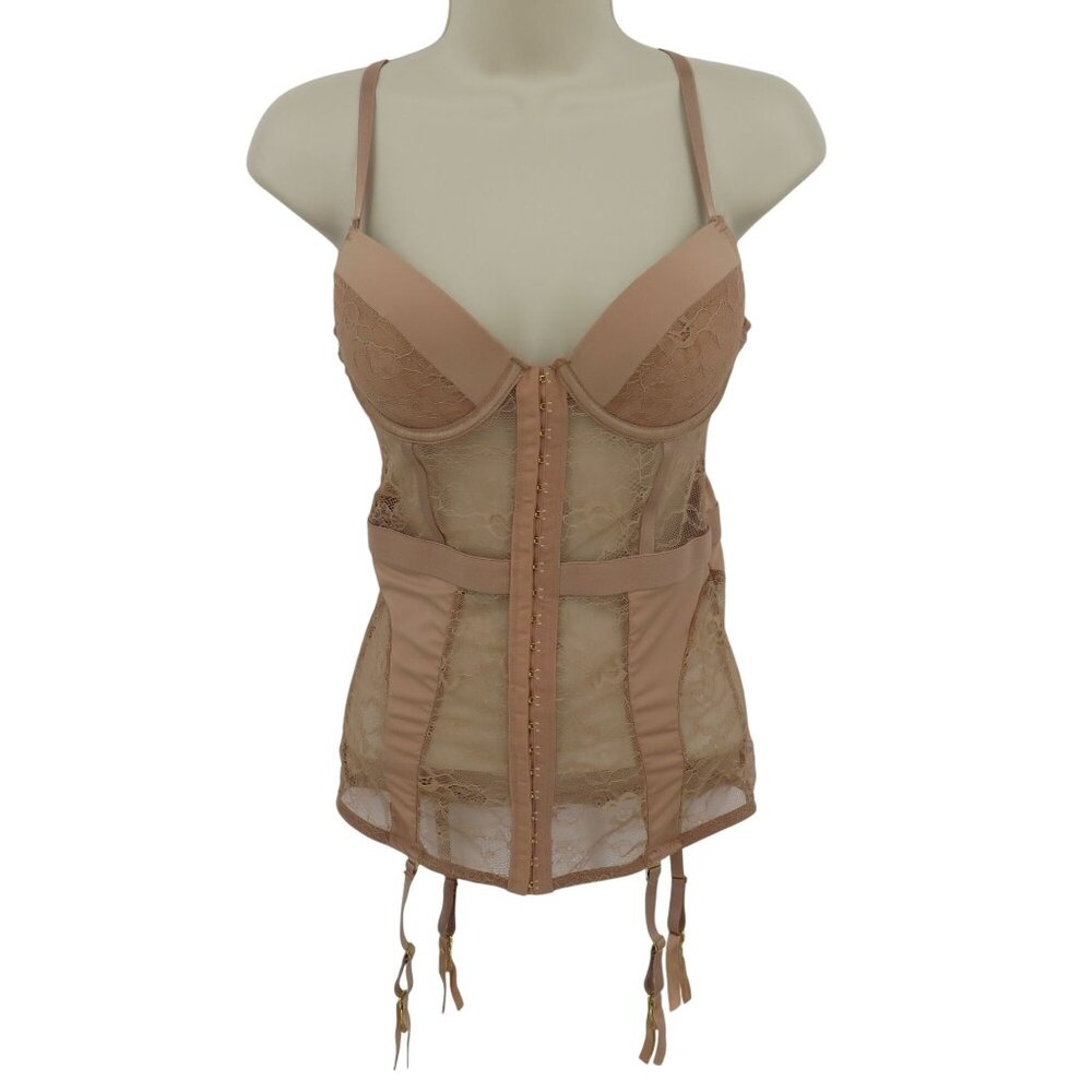 Women Medium Beige Sheer Flower Floral Mesh Underwire Corset Tank Top Garters
