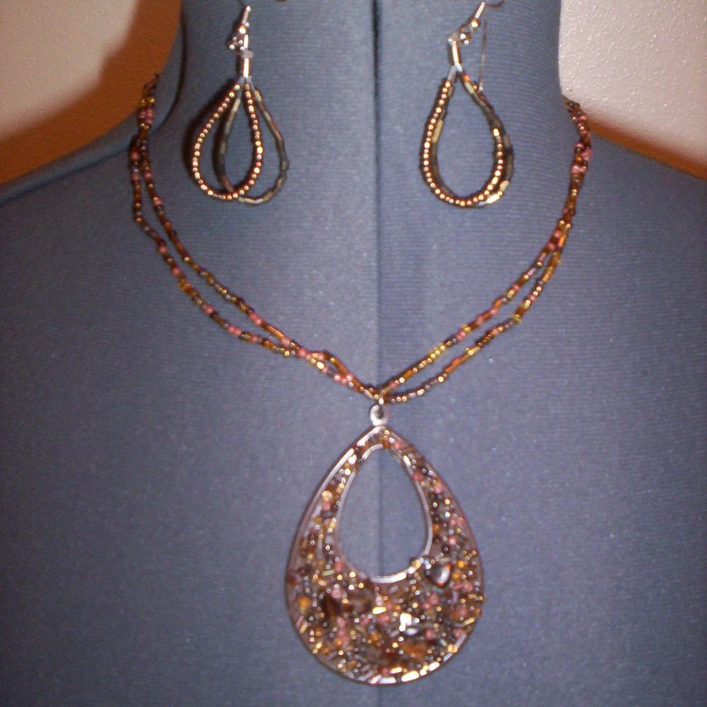 BROWN 2 PC Teardrop Beaded Necklace & Earrings, 0161,