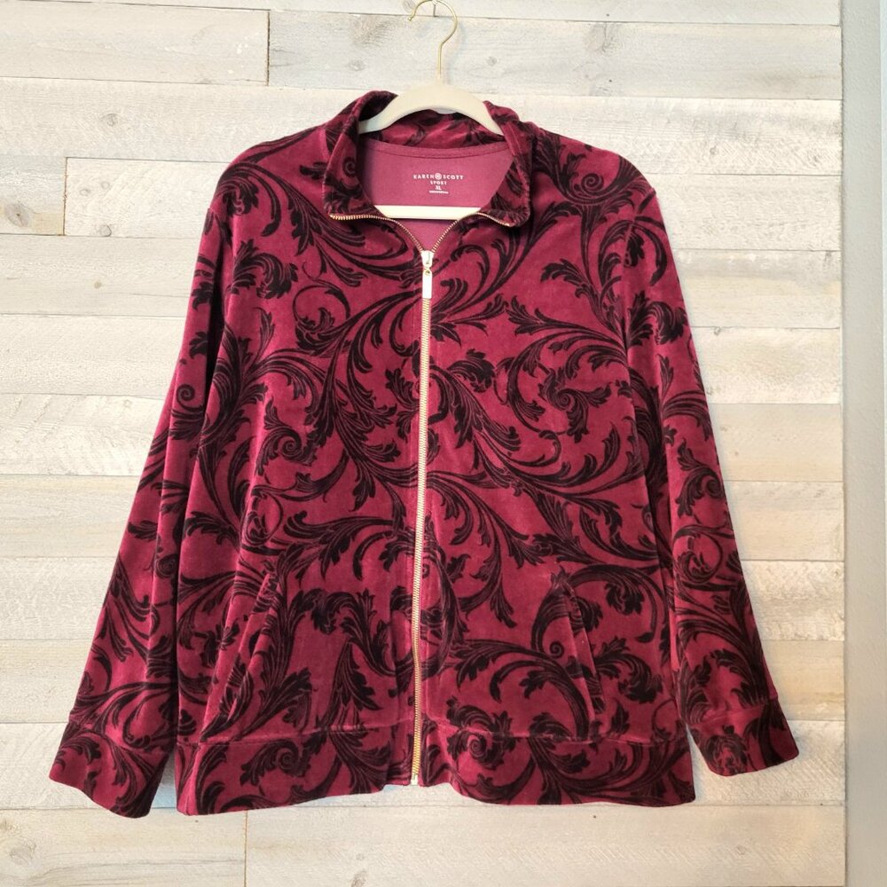 Karen Scott Sport Velour Jacket Burgundy Paisley Floral Gold Zip Up