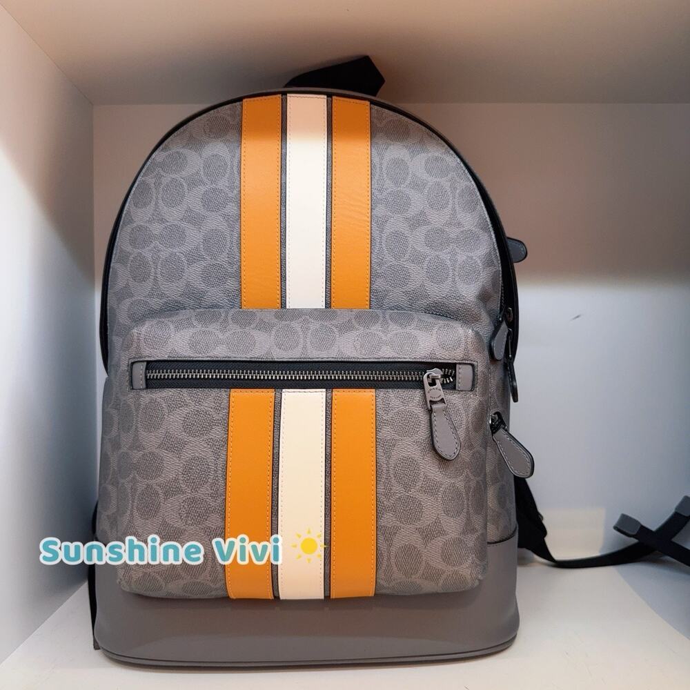 NWT Coach Cv922 West Backpack Signature Canvas Varsity Stripe Grey/Ochre/Chalk