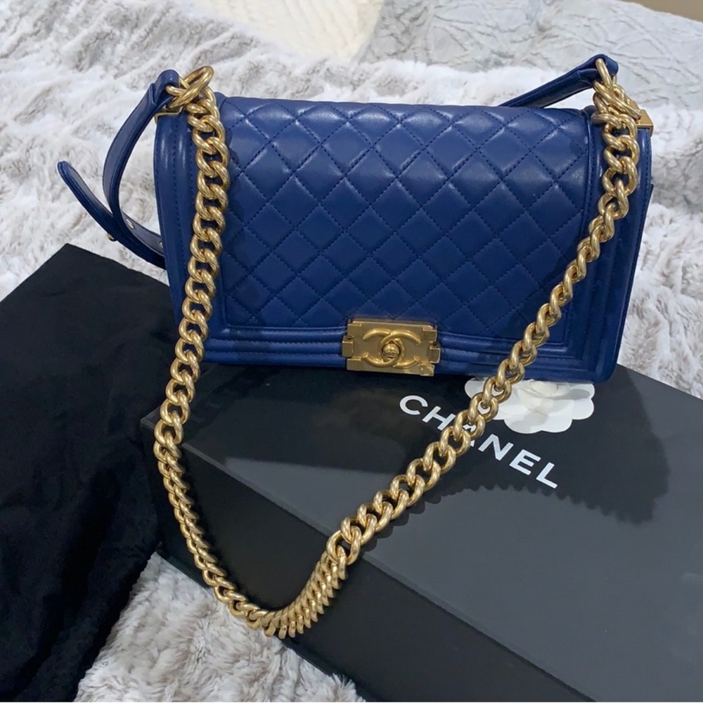 Chanel Blue Boy Bag with Gold Chain