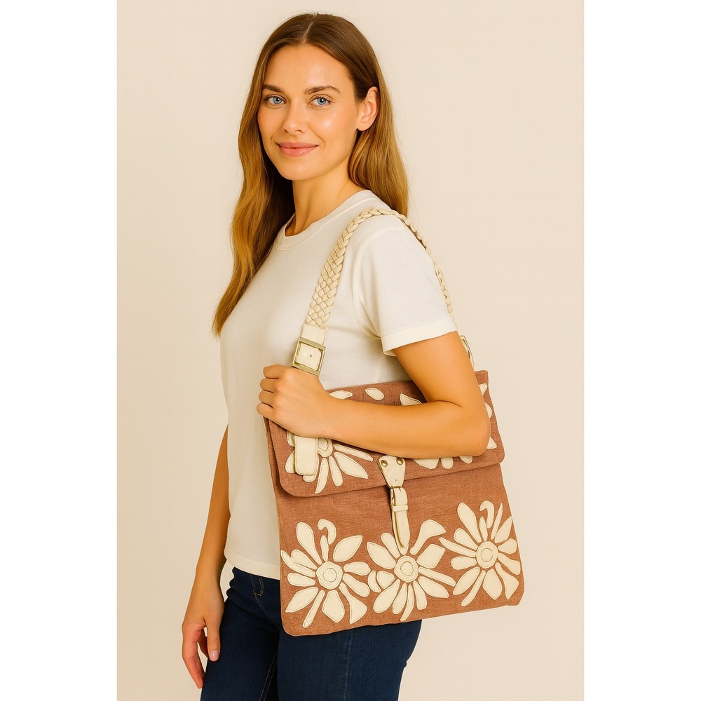 Lionel Shoulder Handbag Pink Textile with Ivory Floral Leather Appliques