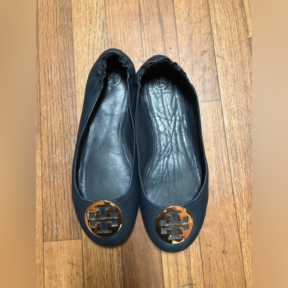 Tory Burch Dark Blue Flats with Gold Logo