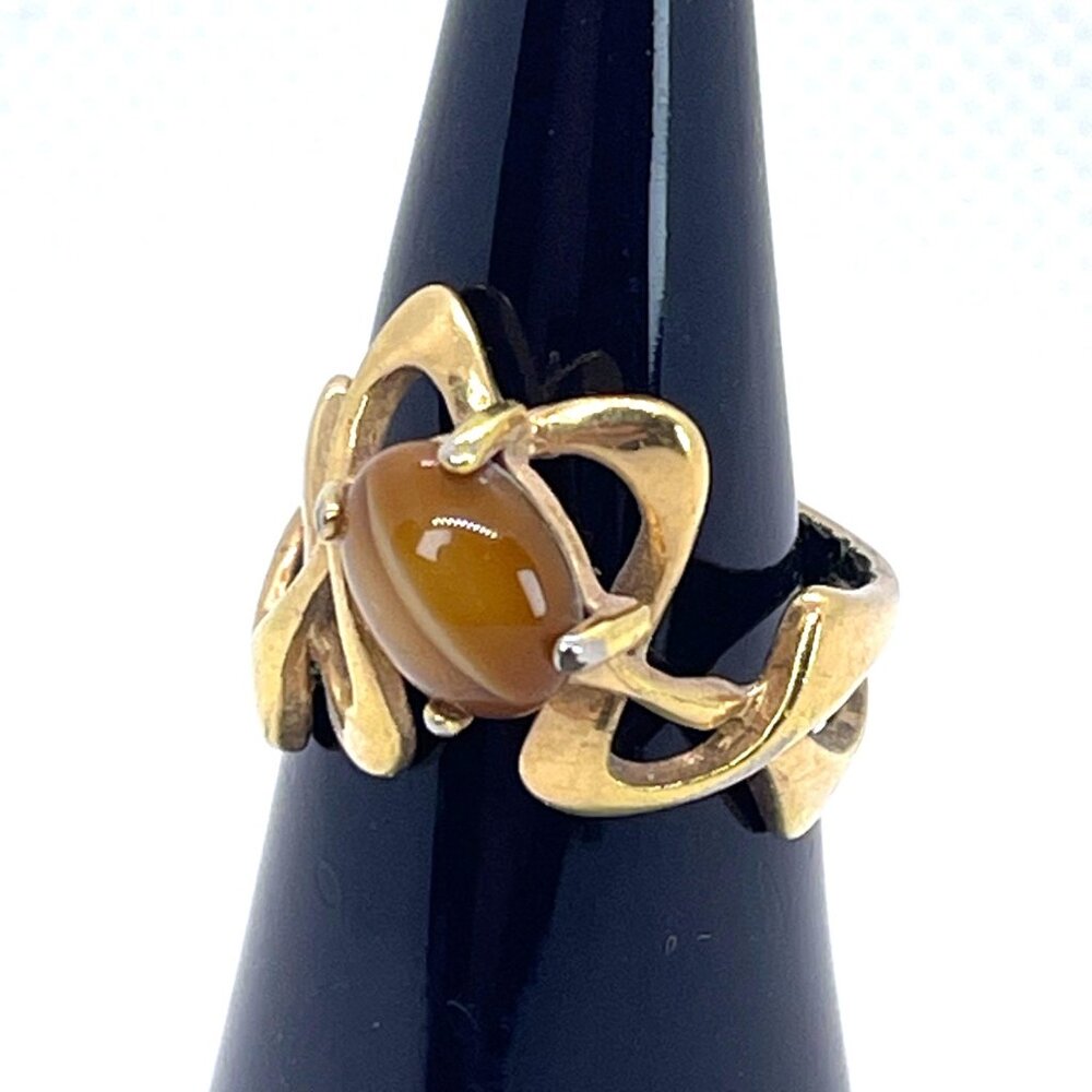 Tiger Eye VTG Art Nouveau 18KT HGE Gold Plate Ring Abstract MCM Retro Size 6.25