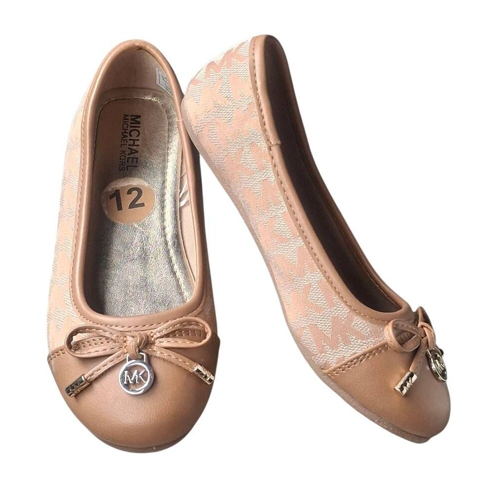 Michael Kors Girls Ballet Flats Logo Bow Slip-On Size 12 Tan Monogram EUC