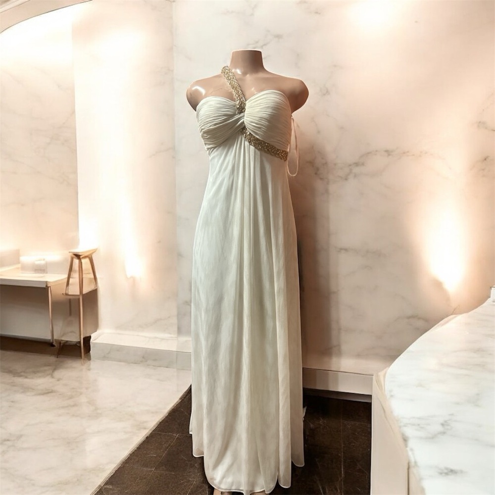 Cache White One-Shoulder Gown with Gold Accents