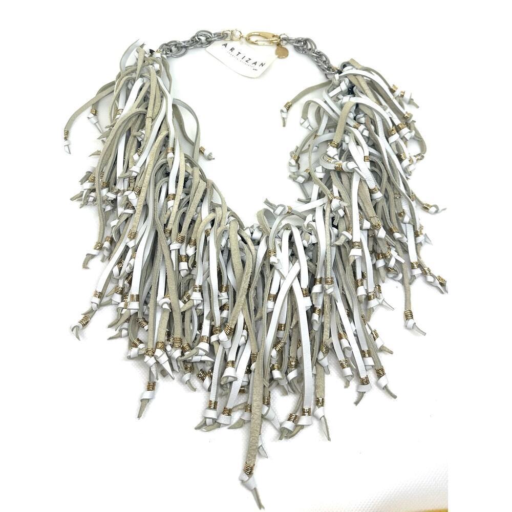 ARTIZAN Joyeria Artesenal by Keren Leather Fringe Boho Bib Necklace Gold Silver