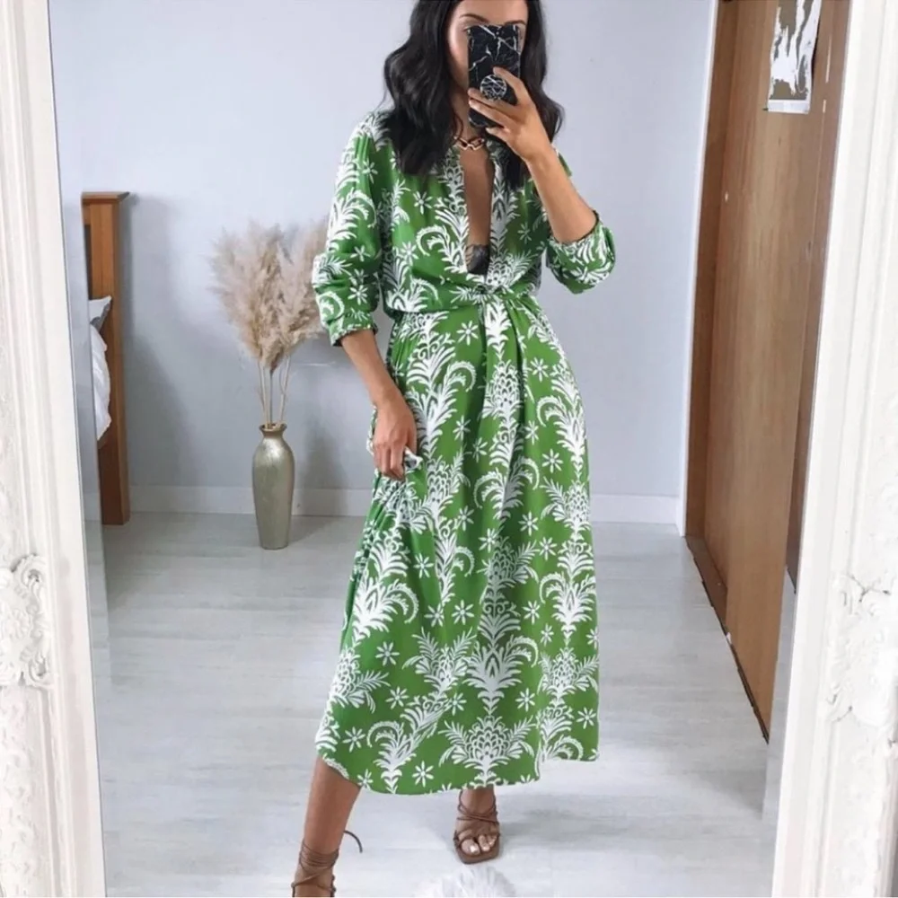 NWT_ZARA WOMAN MIDI BELTED PRINTED
DRESS FLOWY GREEN | 5216/046 The Lilou Dress - Picture 1 of 7