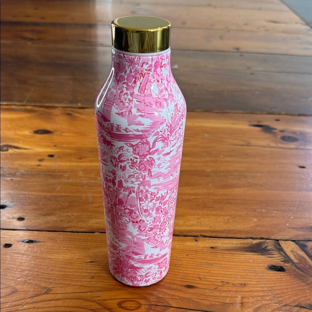 Lilly Pulitzer Pink Floral Water Bottle with Gold Lid