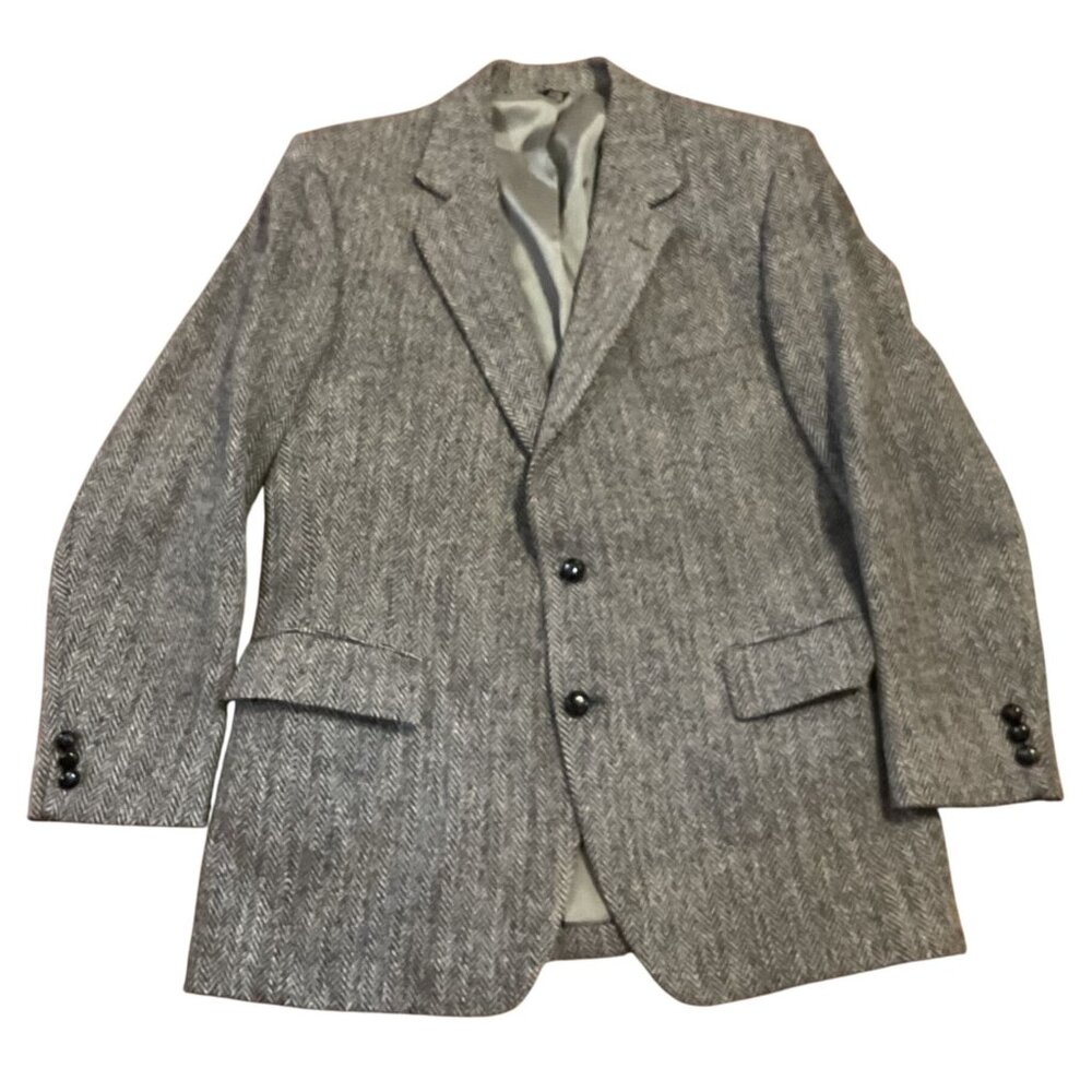 Vtg Harris Tweed Sport Coat Sz 42R Black Gray Handwoven 100% Scottish Wool
