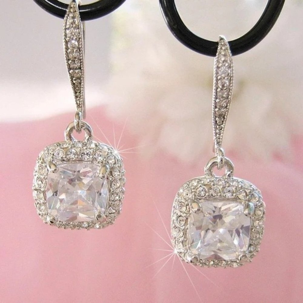 Cushion Cut Earrings Square Halo Diamond CZ Wedding Nadri Style - Picture 2 of 7