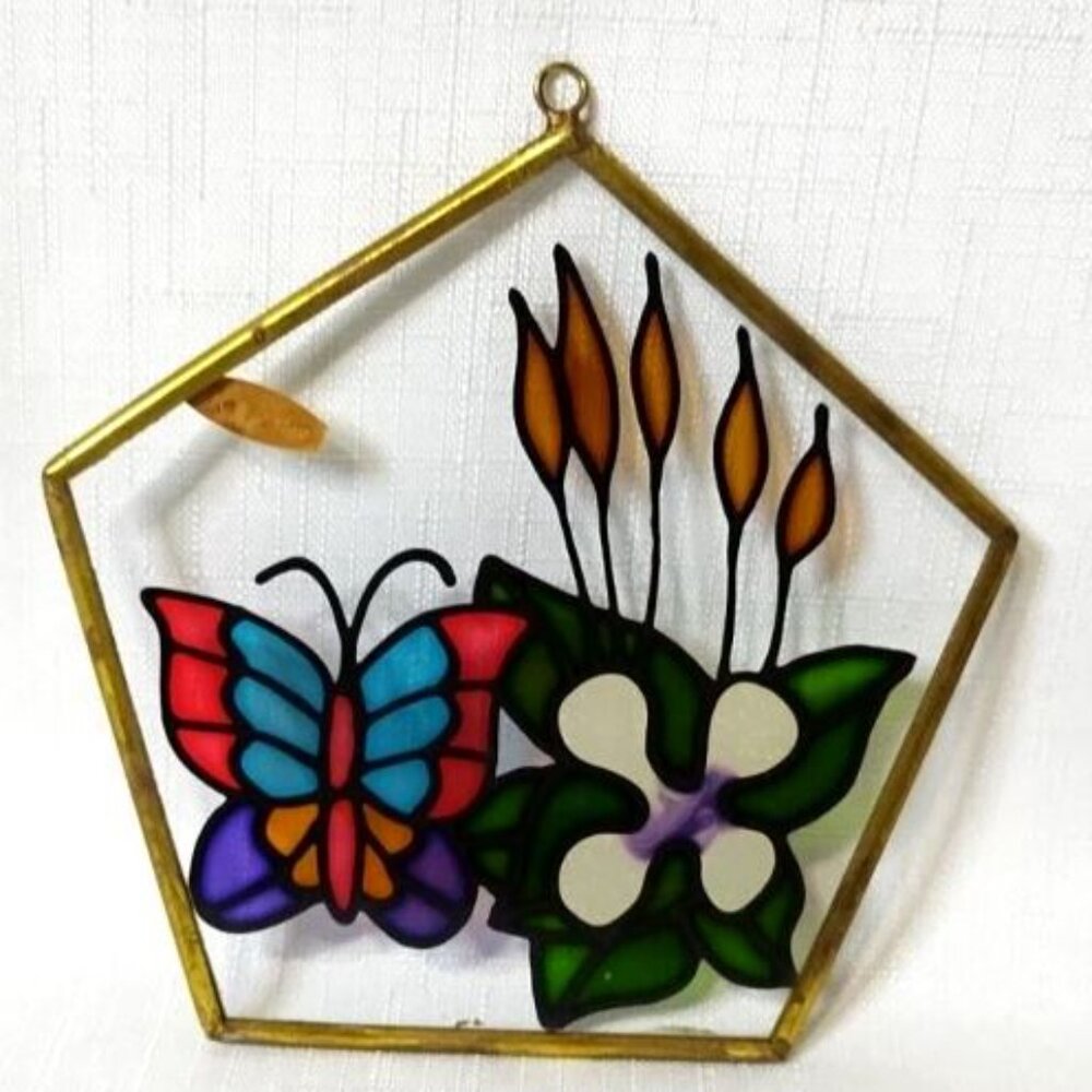 Vintage Small Brass Glass Painted Butterfly and Flower Hanging Sun Catcher - Picture 2 of 3