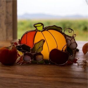 Vintage Small Stained Glass Pumpkin Autumn Tealight Holder Fall Apple Acorns