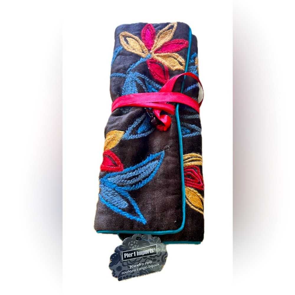 Pier 1 imports Jewelry Roll Dark Velvet with Embroidered flowers, Satin Inside