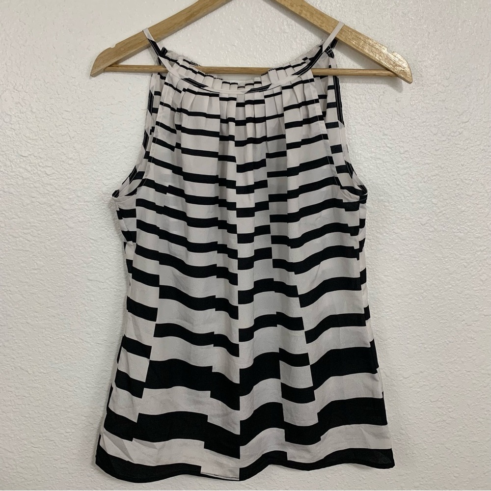 New York & Company Black White Self Tie Sleeveless Striped Blouse Top Size S