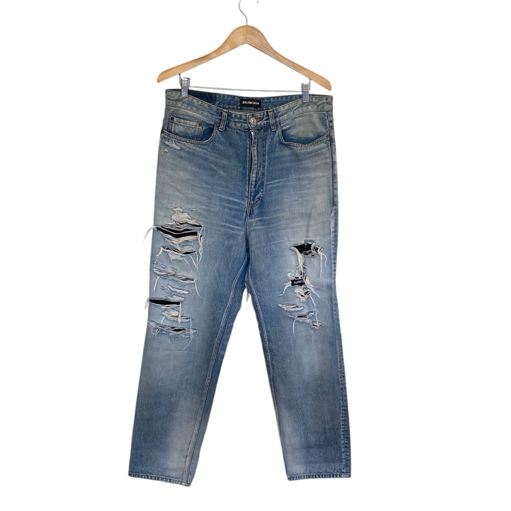 Balenciaga Distressed Ripped Logo Blue Jeans 2020 Size 34 - Picture 2 of 12