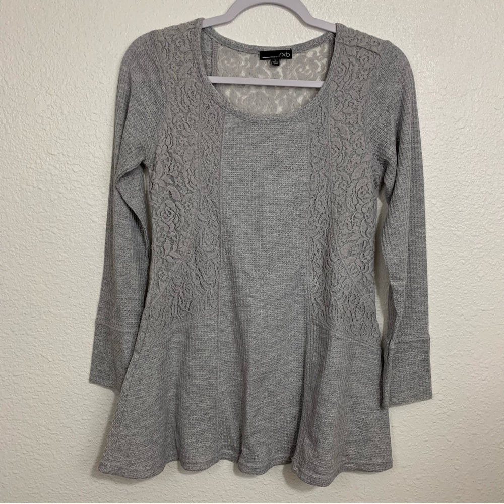 RXB Light Grey Waffle Knit Lace Peplum Sweater Top Size S - Picture 2 of 8