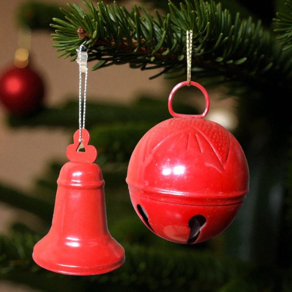 Vintage Bell Ornaments Bundle of 2 - Red Metal - Jingle - Christmas Bells