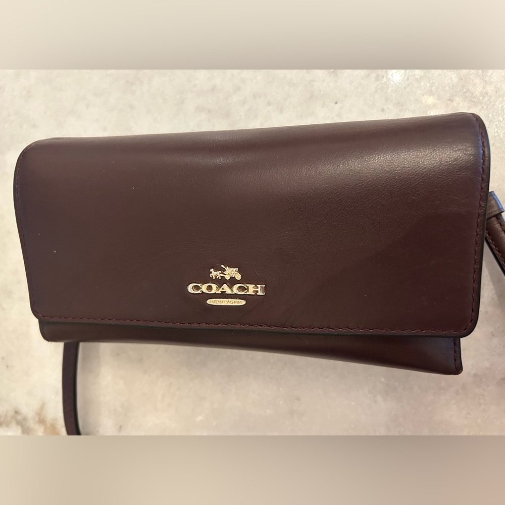 Coach Chocolate Brown Leather Trifold Wallet with Strap