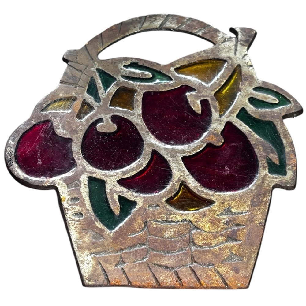Vintage 70's cast iron Stained Glass Cherries Trivet
