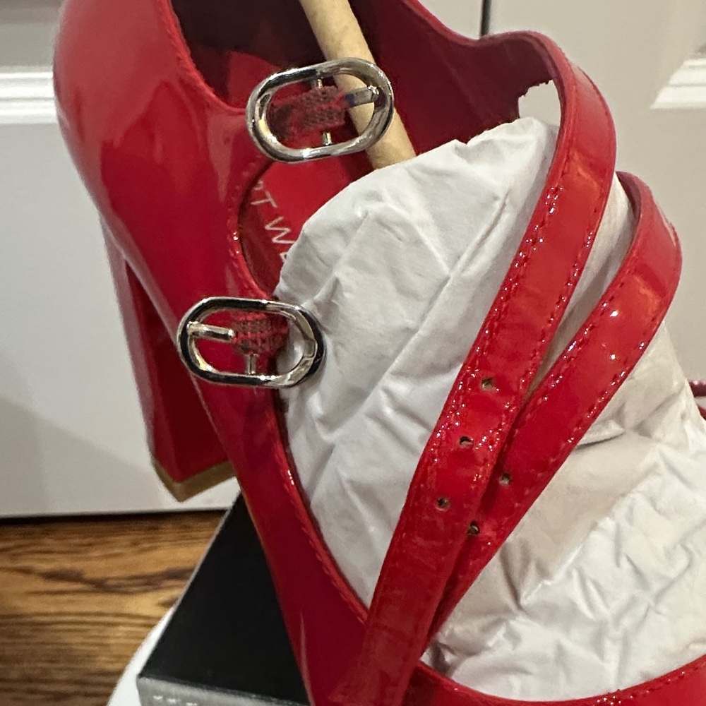 NWT Stuart Weitzman Mary Jane Posh 85 Patent Leather Cherry Red Heels Size 8.5 - Picture 10 of 16