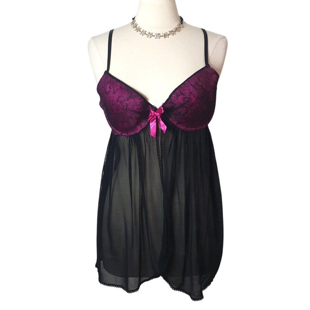 Passion Womens Babydoll Lingerie XL Pink & Black Sexy Lace Mesh Bow Detail Nitie