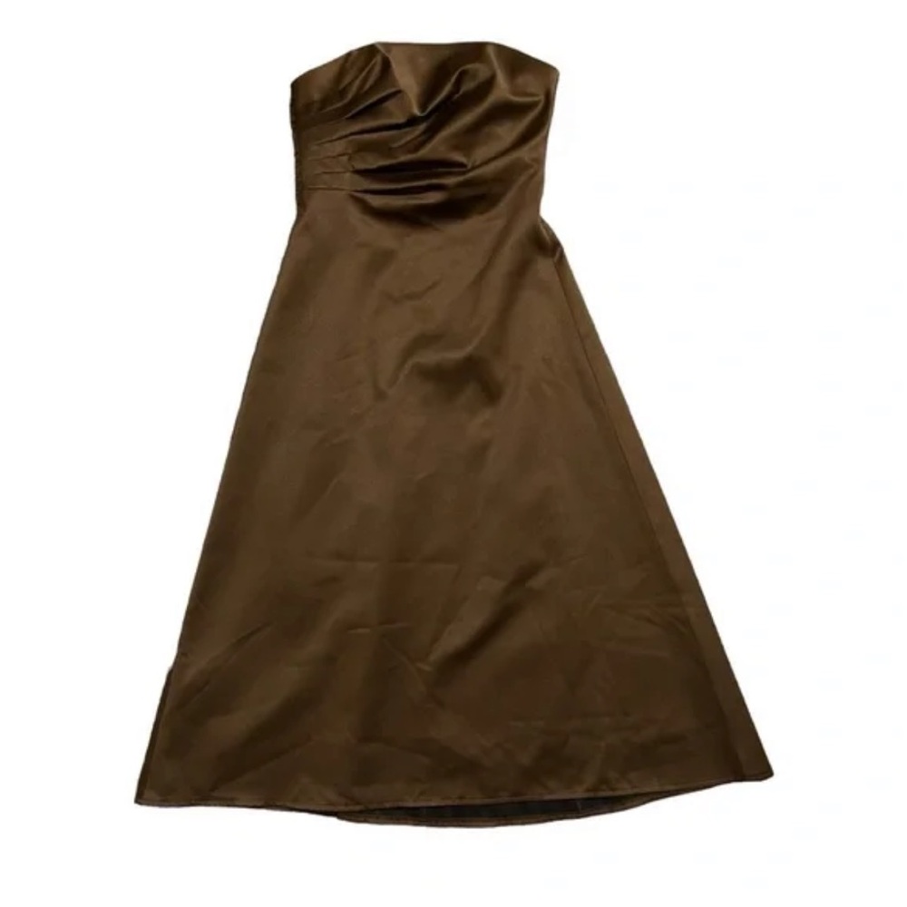 JS BOUTIQUE Brown Satin Strapless A-Line Midi Dress 2 - Picture 12 of 12