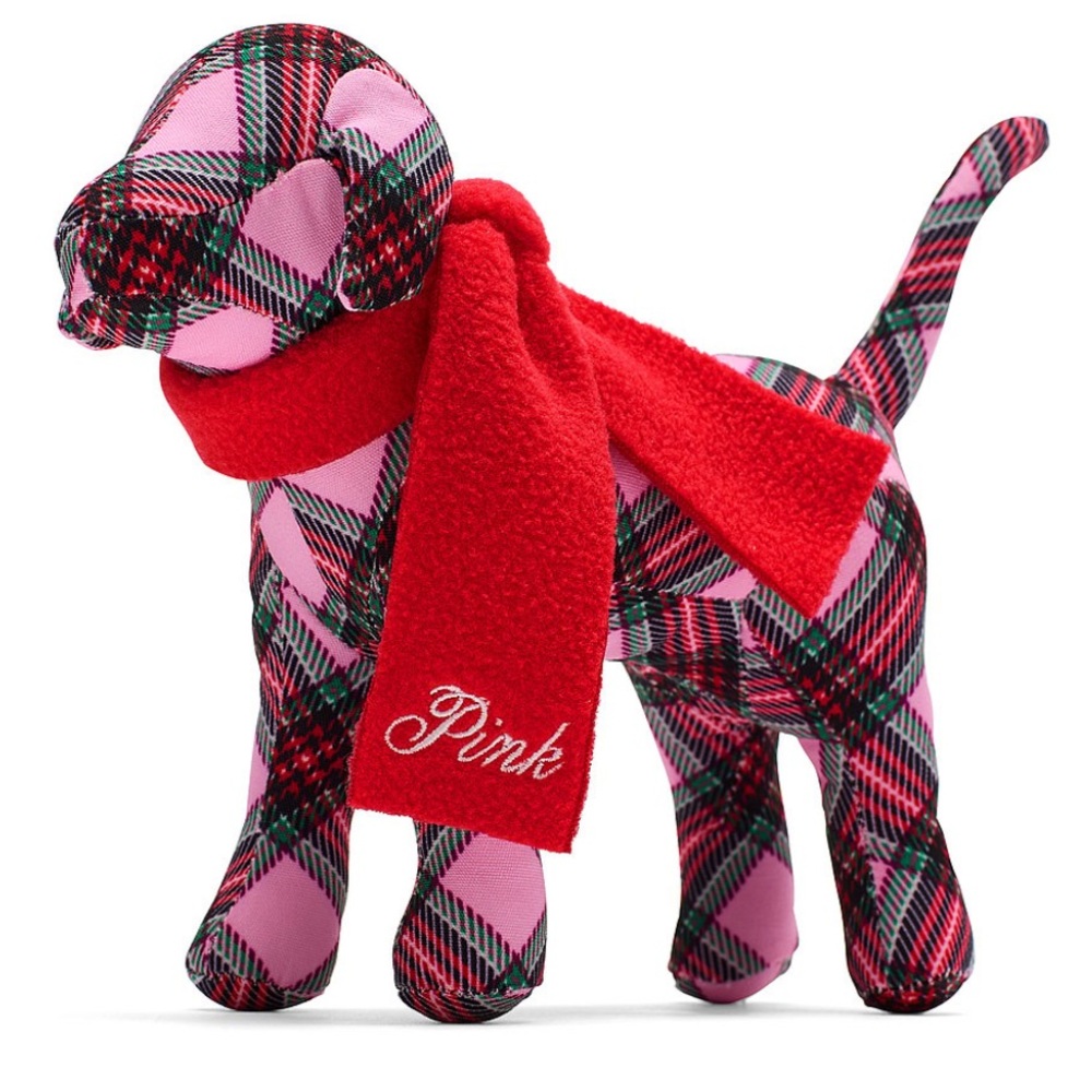 Pink Victoria’s Secret Plaid Dog Plush Toy with Red Scarf