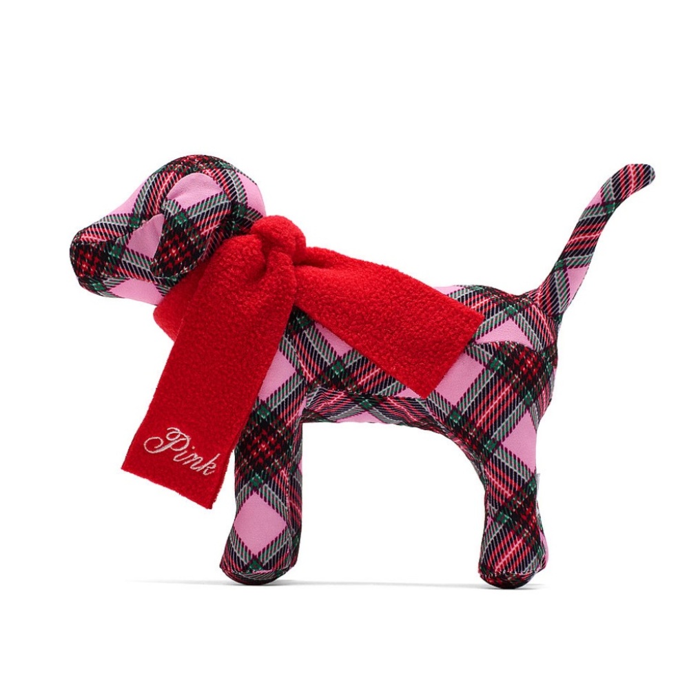 Pink Victoria’s Secret Plaid Dog Plush Toy with Red Scarf - Picture 2 of 2