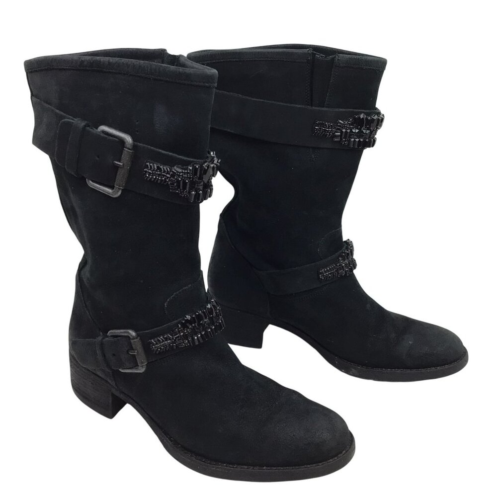 Vera Wang Lavender Uma Embellished Combat Moto Leather Mid-Calf Boots Womens 9.5 - Picture 10 of 14