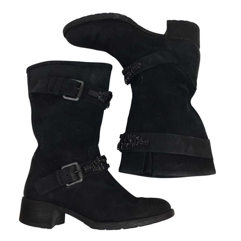 Vera Wang Lavender Uma Embellished Combat Moto Leather Mid-Calf Boots Womens 9.5 - Picture 3 of 14