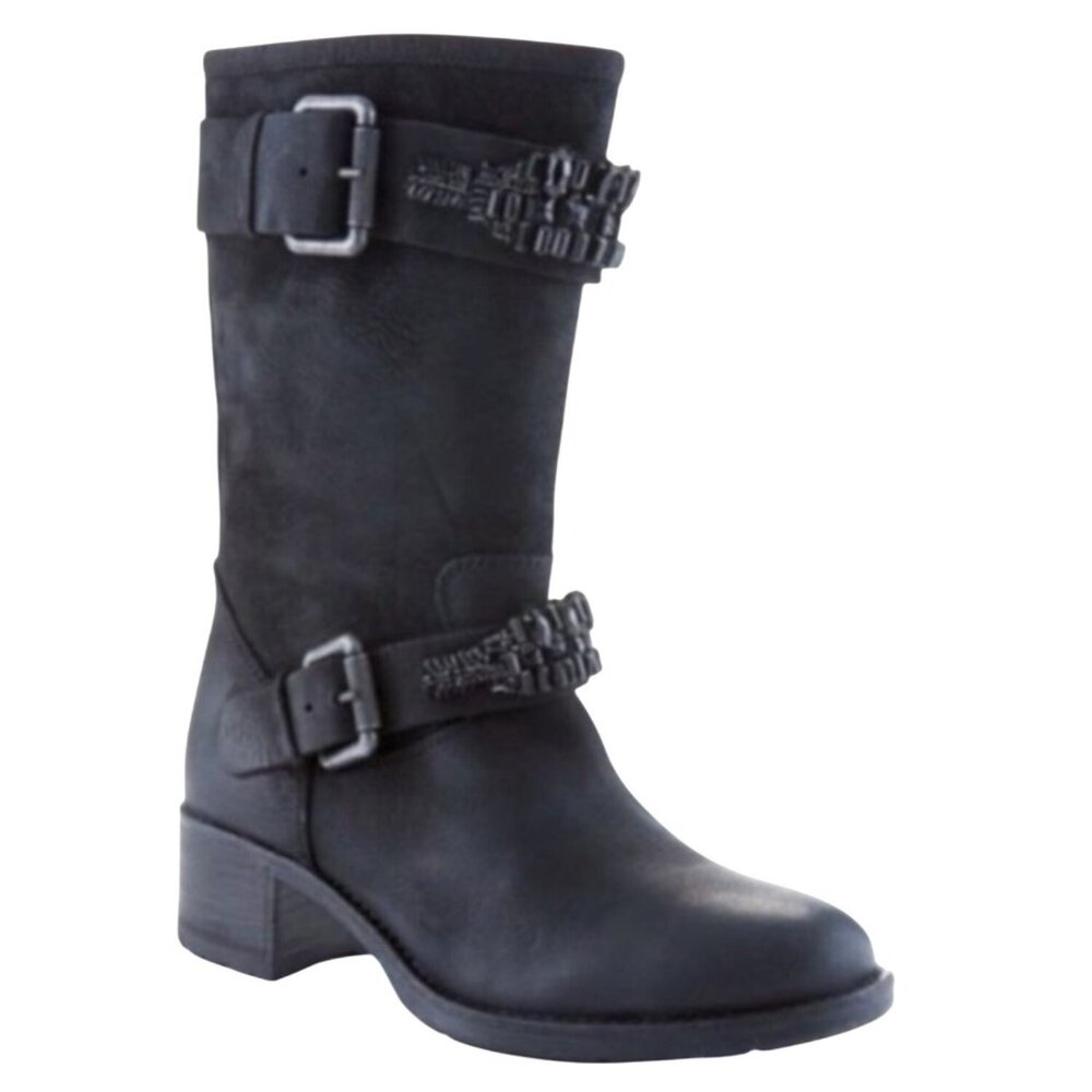 Vera Wang Lavender Uma Embellished Combat Moto Leather Mid-Calf Boots Womens 9.5 - Picture 2 of 14