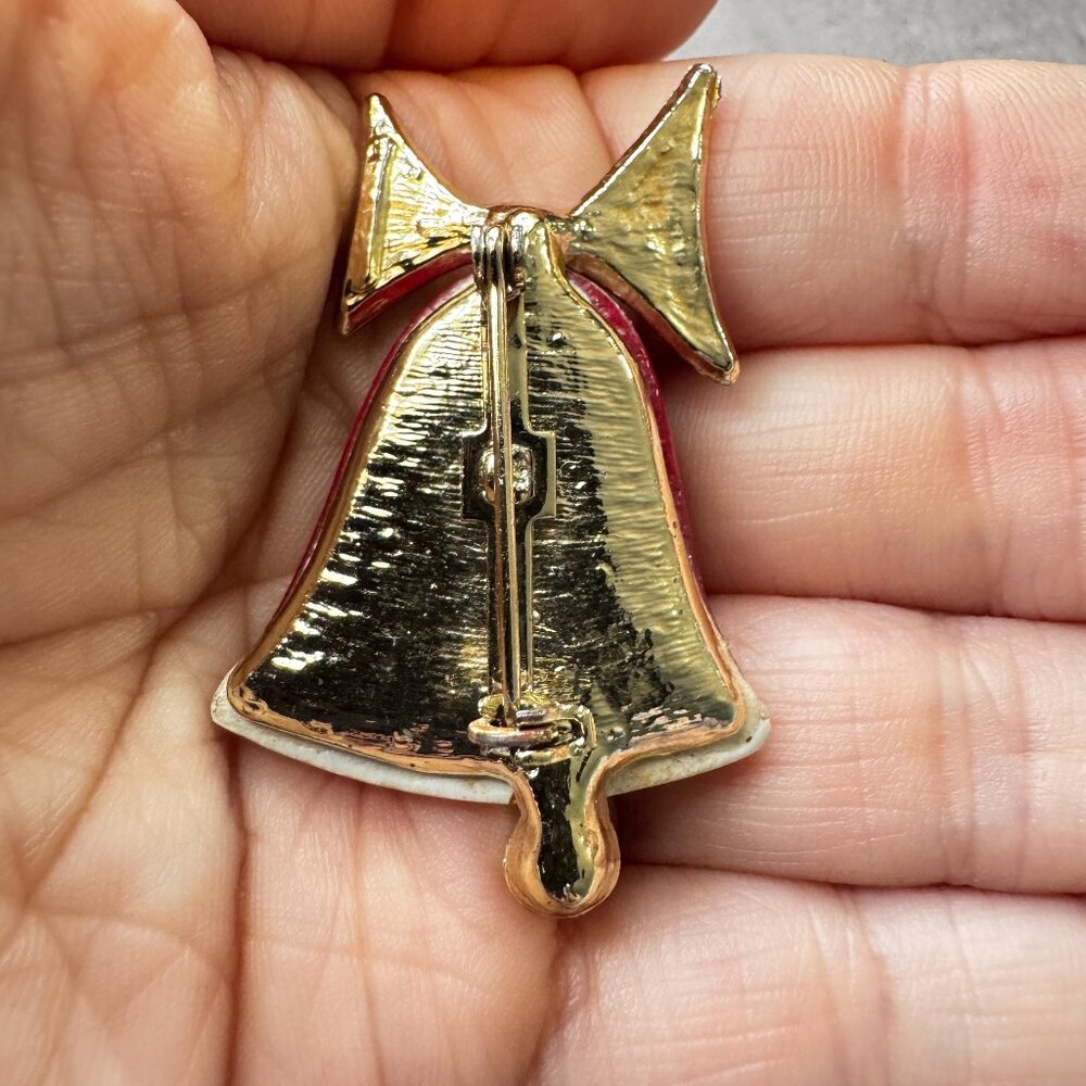 Red Enamel Christmas Bell Pin – Festive Holiday Brooch 2” - Picture 2 of 5