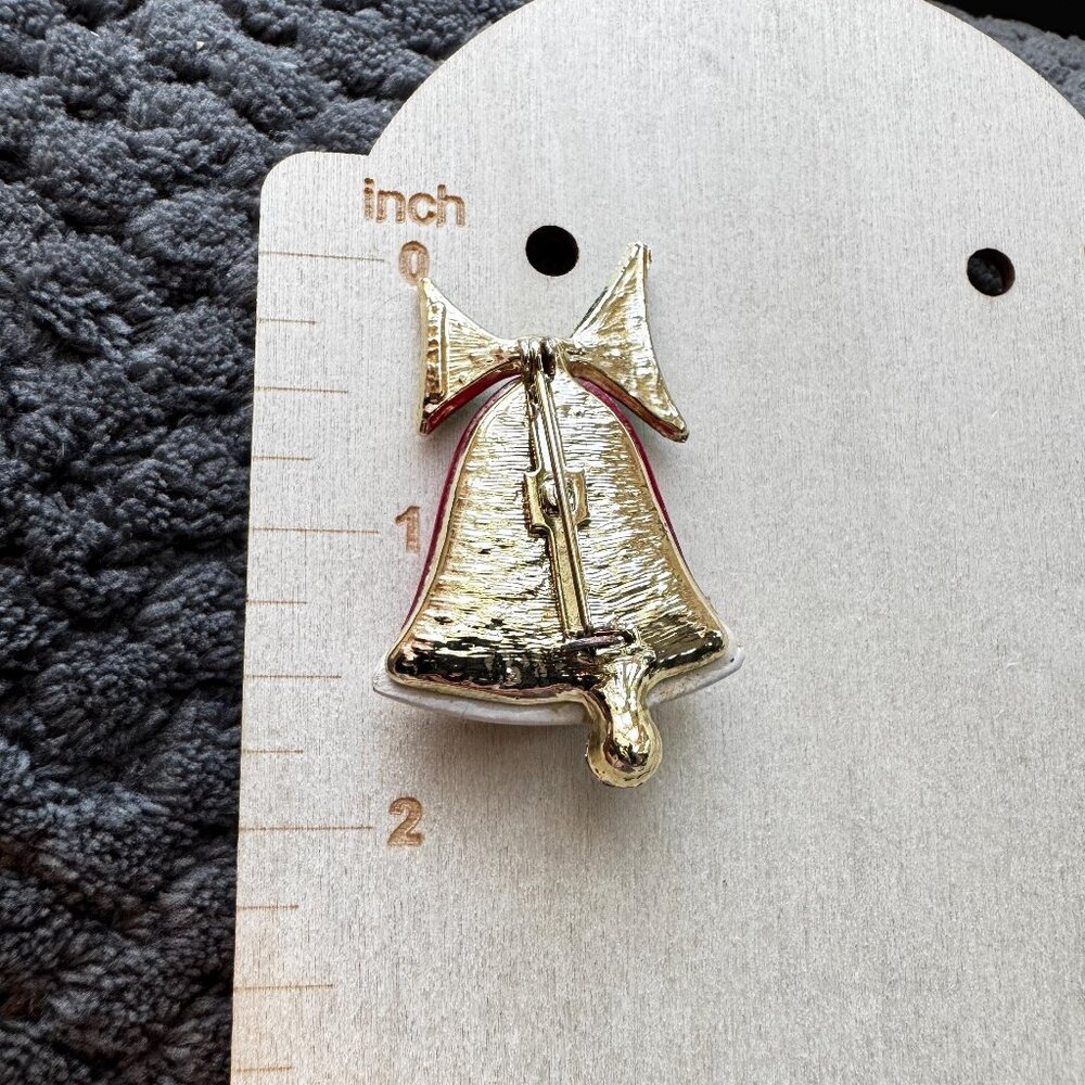 Red Enamel Christmas Bell Pin – Festive Holiday Brooch 2” - Picture 4 of 5