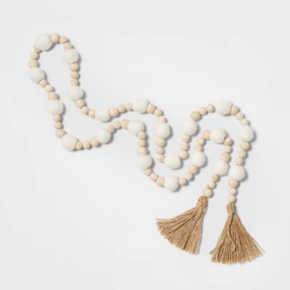 6' Wood Beaded Christmas Garland with Gold Tassels White/Natural - Wondershop