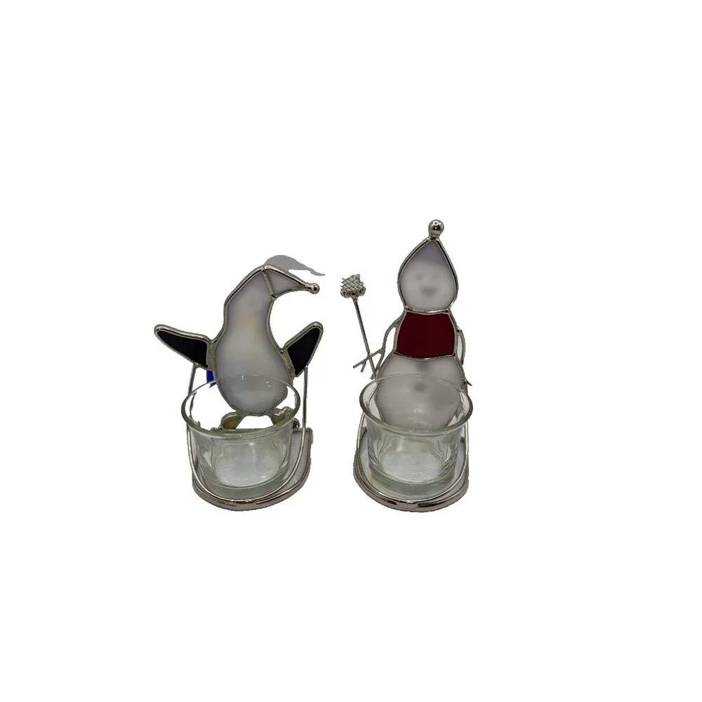 Penguin Snowman Stained Glass Votive Christmas Tea Light Holders Holiday - Picture 3 of 4