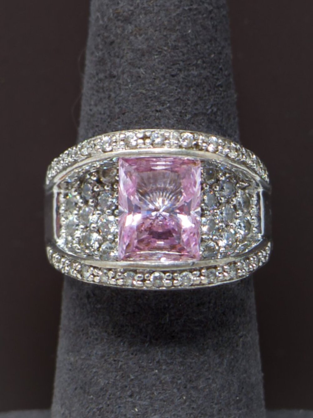 Sterling Silver Lab Pink Sapphire and CZ Cocktail Ring – Size 7
