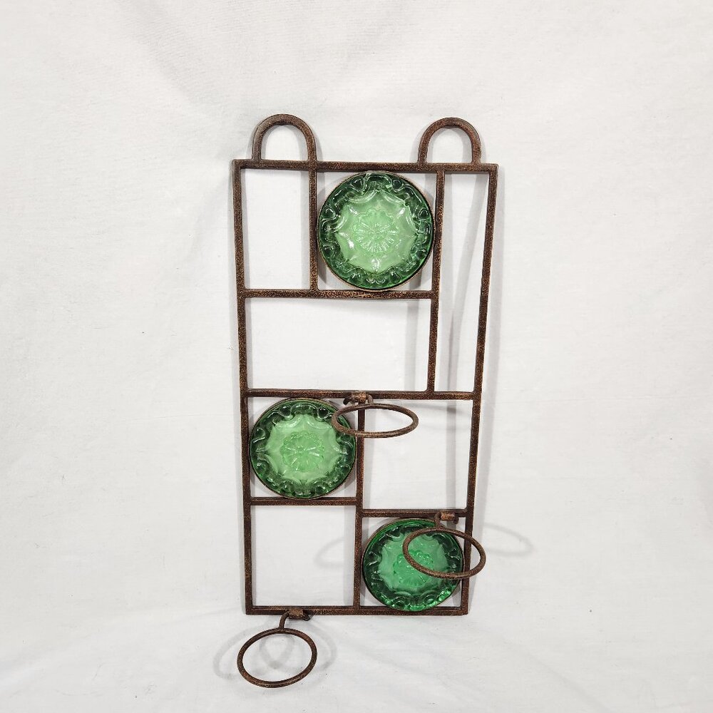 Rustic Eclectic Iron Wall Mounted Candle Holder Green Glass Medallions